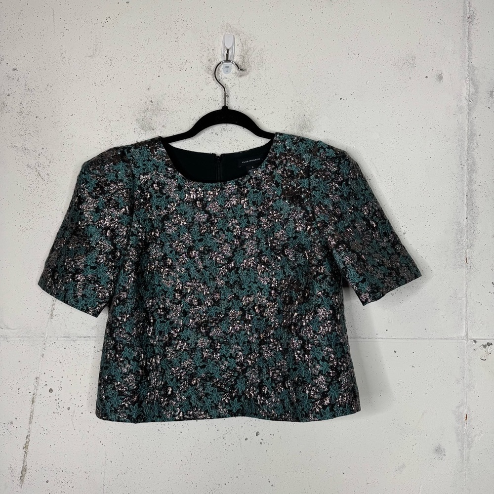 Club Monaco Brocade Puff Sleeve Tee Festive Jacquard Top 6